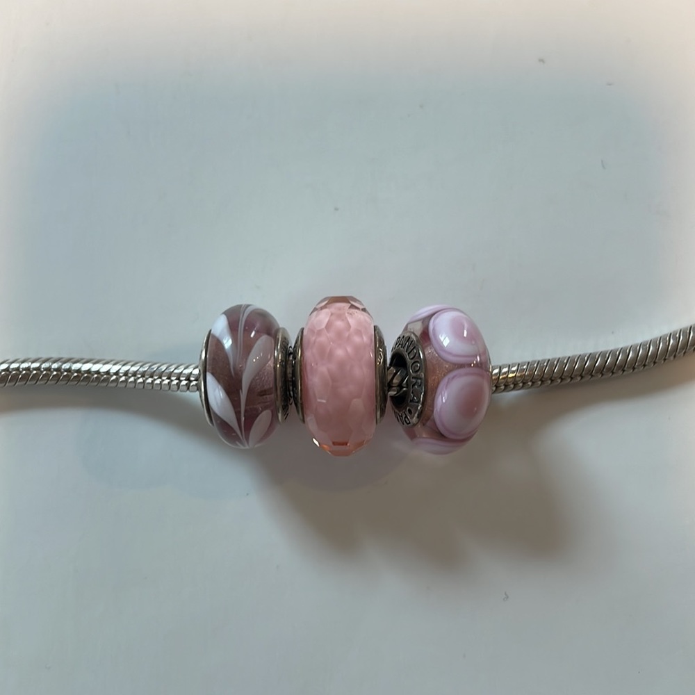 3 Authentic Pandora Pink Murano Glass Charms